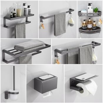 Bathroom Accessory Set,Bathroom Hardware Space Aluminium Wall Mounted Gun GreyTowel Rack /Corner Shelf/Robe Hook/Toilet Paper Holder/Towel Bar/Toilet Brush HolderBath Hardware