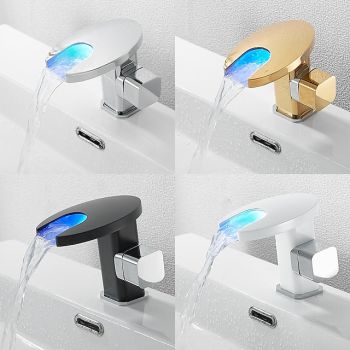Bathroom Sink Faucet,LED Waterfall Temperature Controlled 3-Colors Electroplated Centerset Single Handle One Hole Bath TapsSmart Faucet