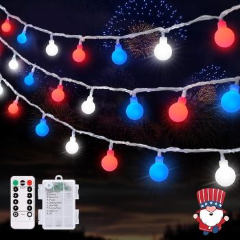 1 Pc 33FT-100 LED Patriotic String Lights July 4th Independence Day Red Blue White Ball Decorative LED String Patriotic Gathering Party Atmosphere 8 Function Remote Control Waterproof Battery Box
