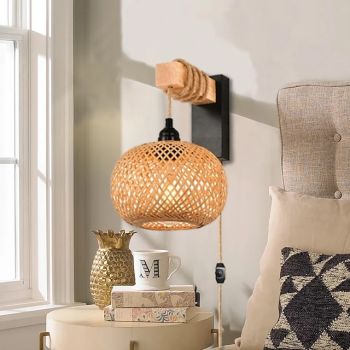 Plug-in Wall Light Rattan Wall Light - Wall Light with Plug Cord and Dimmable Switch Bedroom Living Room Wall Light Hemp Rope Cage Shape Wall Mount Light No Wiring Required 110-240V