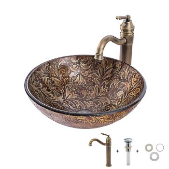 Vintage Bathroom Vessel Sink Set Round 16.5"x5.7", Sink Mixer Faucet and Drain Combo with Pop-up Drain, Boat Shape Tempered Glass Artistic Vessel Vanity Sink Bowl, Above Counter Sink Art Wash Basin Washbasin Art