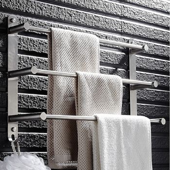 3-Tier Towel Rail with Hooks for Bathroom Wall Mounted Stainless Steel Towel Bar Brushed Nickel Towel Rack Rustproof Towel Bar 40/50/60CM(Silvery) Bath Hardware