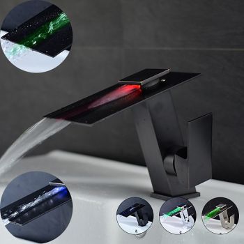Bathroom Faucet LED Waterfall Spout 3 Color Changes with Temperature, Sink Mixer Mono Basin Taps, Single Handle One Hole Brass Washroom Vessel Tap Deck MountedSmart Faucet