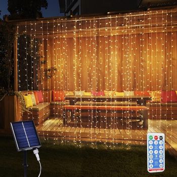 Solar Curtain Lights Outdoor Remote Control 8 Modes Lighting Fairy Light 3x3m 300LEDs IP65 Waterproof String Lights Xmas Party Wedding Home Garden Wall Living Room Bedroom Decoration