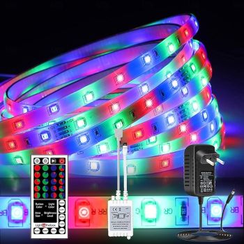 LED Strip Lights Flexible RGB 5M Tiktok Lights 300 LEDs 2835 8mm IR 44Key Remote Control Linkable Self-adhesive Color-changing