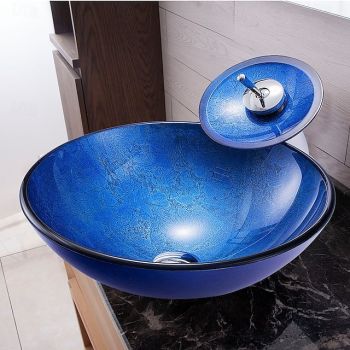 Blue Bathroom Sink Set with Matching Style Faucet Art Bathroom Tempered Glass Vessel Sink Round Wash Basin Bowl Above Counter Washbasin Washbasin Art