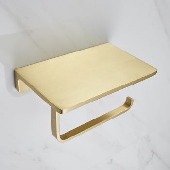 Toilet Paper Holder Creative Metal Bathroom Shelf with Mobile Phone Storage Shelf Wall Mounted Brushed Gold 1PC