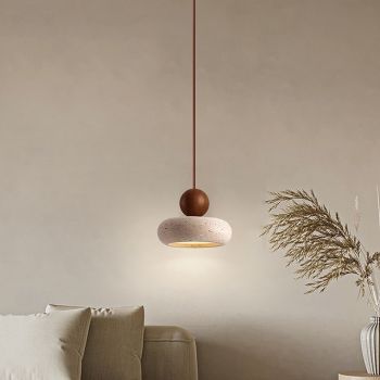 Wabi Sabi Natural Stone Shade Pendant Lamp Round Modern Wood Chandelier Bedroom Bedside Light for Living Dining Room Table Ceiling Hanging Lamp 15cm 110-240V