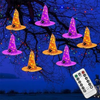 Halloween Decorations 8pcs LED Witch Hat, with Remote Control, Outdoor Tree Hanger 40LED Battery Powered Light for Halloween Party Garden Yard Home Horror Atmosphere Decorations
