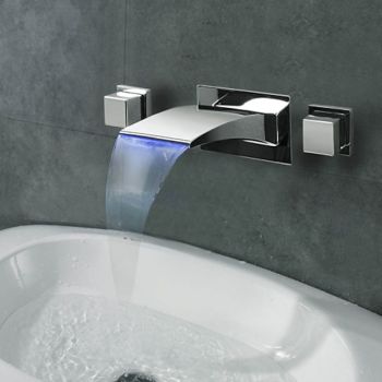 Wall Mount Bathroom Sink Faucet,Waterfall Chrome Finish Water Flow LED Power Source Two Handles Three Holes Bath Taps with Hot and Cold Switch and ValveSmart Faucet