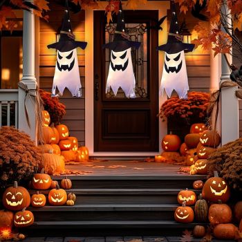 Halloween Decorations Lighted Ghost Hanging Witch Hat Indoor and Outdoor Courtyard Tree Festival Line Decoration 3pcs
