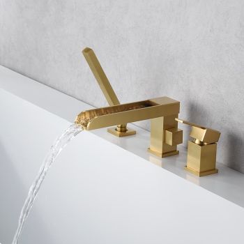 Bathtub Faucet Waterfall Long Spout Bath Tub Filler Mixer Taps Golden with Heldhand Shower 60 inch Hose, 3 Hole 2 Handle Deck Mounted Widespread Bathroom Durable Bathtub Faucet
