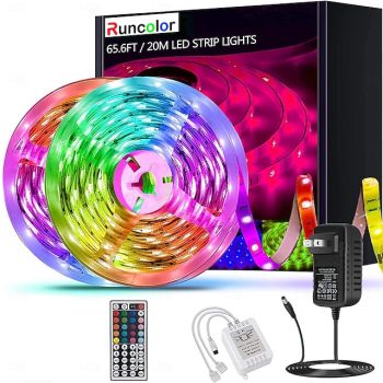 20m 65FT LED RGB Light Strip SMD 5050 Waterproof IP65 Flexible with IR 44 Key Controller for TV Bedroom Party Home Decration 360LEDs 10mm 2x32.8FT