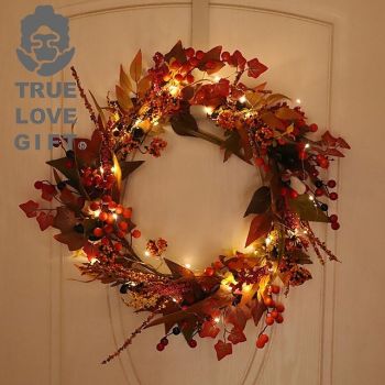 22inch Autumn Artificial Plant LED Light Wreath Home Holiday Outdoor Garden Party Front Door Wall Decoration for Halloween