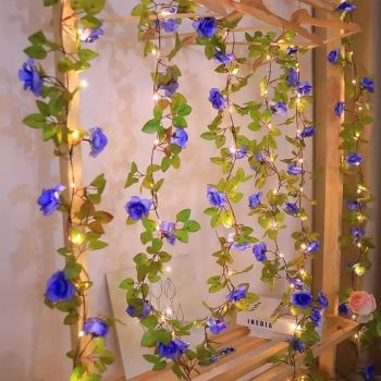 Elegant Blue Rose Vine String Lights Battery Powered 2 Meters 20 Lights Artificial Garland for Weddings Birthdays Mother's Day Lovers Bedroom Fireplace Stairs Balcony Garden Decoration