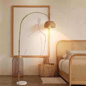 Floor Lamp Bedside Floor Lamp Bamboo Style Standing Light with Arc Arm in Wood Wabi-Sabi Style Floor Lamp