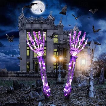 2pcs Halloween Skeleton Hand Garden Lamp Arms Hand Stakes Realistic Looking Halloween Lawn Garden Decor Light Props LED Luminous Ghost Hand Skull Shape Plug in Lamp