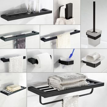 Multifunction Bathroom Accessory 1pc Include Towel Bar/Robe Hook/Towel Rack/Toothbrush Holder/Soap Dishes and Bath Shelf Stainless Steel Wall Mounted Matte Black Bath Hardware