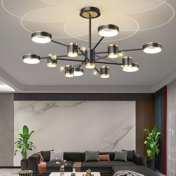 Dimmable LED Pendant Light, Sputnik Chandelier Modern 12-Lights Circle Acrylic Shade Vintage Metal Chrome Finish Ceiling Lamp for Kitchen Island Dining Room Sink Bar-Black Tricolor Light Change