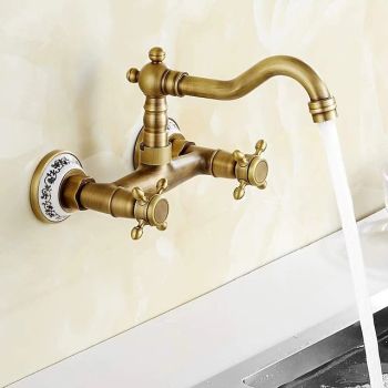 Vintage Brass Bathtub Faucet Wall Mounted Dual Handle Bath Tub Taps, Bathroom Mixer Tap, with Cold and Hot Hose Durable Bathtub Faucet