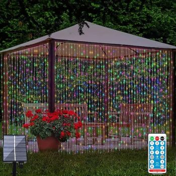 3*3M 300 LEDs Solar Curtain Light Outdoor Remote Control Light 8 Lighting Modes Fairy Lights IP65 Waterproof Leather Thread Lights Christmas Party Wedding Home Bedroom Garden Wall Decor