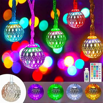 10M Light String Iron Morocco Ball Lamp Fairy Globe Lamp 16 Color Change Switching Remote Control Christmas Holiday Lights Creative Party Holiday  Dimming Timing  USB Power Supply   1 set
