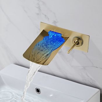 LED Bathroom Sink Mixer Faucet Waterfall Spout 3 Color Water Temperature, Basin Vessel Taps Brass Wall Mounted Single Handle Two Hole Bath Taps With Cold and Hot HoseSmart Faucet