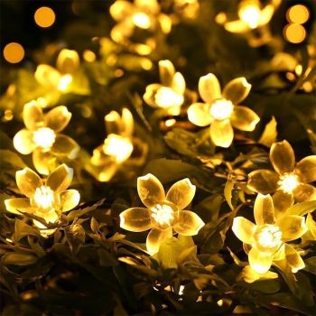 7M LED Solar Outdoor String Lights, 50 Cherry Blossom LEDs in Warm White, RGB, White & Blue, Waterproof Wedding Garden Christmas Decoration with Mounting Bracket
