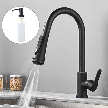 Kitchen Faucet with Sprayer,Matte Black Brass 4-Function Single Handle One Hole Button Design Pull-out / Pull-down Centerset Contemporary Kitchen Taps(with Soap Dispenser) Pull Down Kitchen Faucets