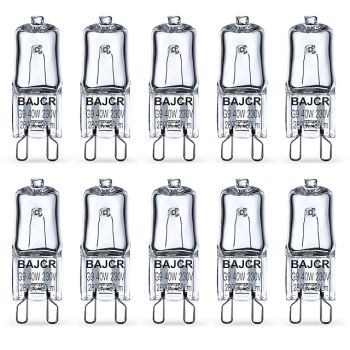 BAJCR Lighting Halogen Light Bulb G9 T4 40W JCD Bi-Pin (10 Pack) for Chandeliers, Pendants, Cabinet Lights, Landscape Lights, Desk and Floor Lamps, Wall Sconces, 230V Dimmable, 2800K Warm White