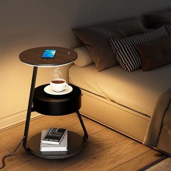 End Table with Lamp,Floor Lamp with Table Attached,Rustic Bedside Nightstand with Drawer and Wireless Charging for Bedroom,Living Room 110-240V