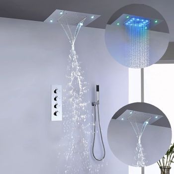 Shower Faucet,500*360 Chrome LED Shower Faucet Sets with Stainless Steel Shower Head and Handshower Ceiling Mounted Water Fall/Jet/Rainfall Shower Head(The Product Needs to be Electrified to Use) Foundation of a Perfect Shower