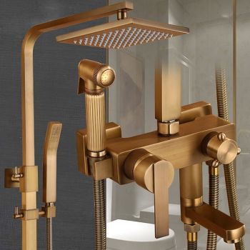 Shower Faucet,Antique Brass Shower System Set,Mount Outside Waterfall Pullout Included Multi Spray and Rainfall Shower Bath Shower Mixer Taps with Cold and Hot Switch Foundation of a Perfect Shower