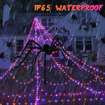 1 Pc Halloween 5M * 4.8M triangular luminous web lamp purple orange AAA waterproof battery box remote control 250 LED beads indoor and outdoor courtyard decoration lights (excluding spiders)