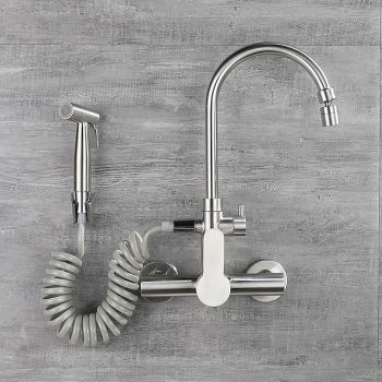 Kitchen Faucet with Bidet Single Handle Two Holes Stainless Steel Standard Spout Wall Mounted Modern Contemporary Kitchen Taps Foldable Faucet