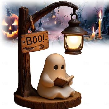 Cute Ghost Reading Lantern - Boo 3D Resin Halloween Ghost Reading Book Lamp with LED Warm Light Ghost Reading Book Lamp Decorative Night Lamp for Party, Bedroom, Study & Living Room Decor