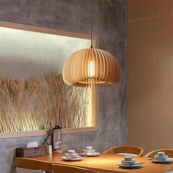 LED Pendant Light 3-Color Light Source 18/30/35/40cm 1-Light Pumpkin-Shaped  Japanese Retro Chandelier Wood E27 Adjustable Hanging Wire Dining Room Home Bedroom Study Porch 85-265V