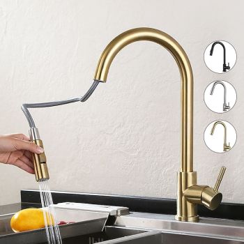 Kitchen Sink Mixer Faucet Stainless Steel with Pull Out Sprayer, 360° Rotatable Multi-function Pull Down Single Handle Kitchen Vessel Tap Brushed Gold Finish Pull Down Kitchen Faucets