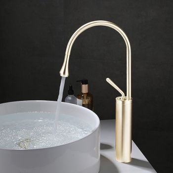 Bathroom Sink Mixer Faucet Brushed Gold Tall Deck Mounted, High Arc Vessel Tap Single Handle One Hole Standard Spout Wahsroom Basin Taps with Cold and Hot Water Hose Foldable Faucet
