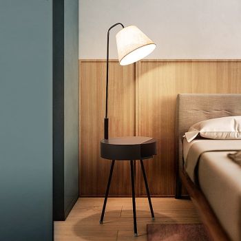 Wooden Floor Lamp LED with Table, Modern Tripod Floor Lamp Dimmable with Remote Control, E27 Bedside Lamp Bedroom with Wooden Drawer Shelf for Living Room, Reading Lamp, Office, Children's 110-240V