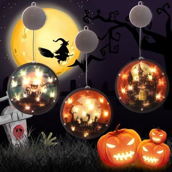 1 Pc Halloween Luminous Ghost Black Cat Bat Castle Cemetery Stickable Hanging Window Light Indoor Festival Atmosphere Decorative Light AAA Battery Box