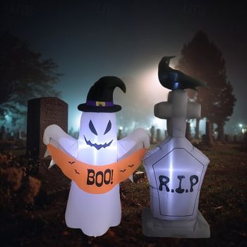 1 Pc1.5m/5FT Halloween wearing wizard hat ghost and tombstone crow LED with light inflatable air model indoor and outdoor horror courtyard luminous ornament US/EU/UK/AU Plug