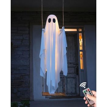 Halloween Swinging Ghost Decorations Outdoor 5.9FT Large Hanging Ghost Swing with Remote Control String Lights Spooky Cute Ghosts Decorations for Tree Porch Yard Garden Lawn