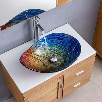 Modern simple clear light carving yuan treasure basin tempered glass wash basin with waterfall faucet basin support sink BWY19-193 Washbasin Art