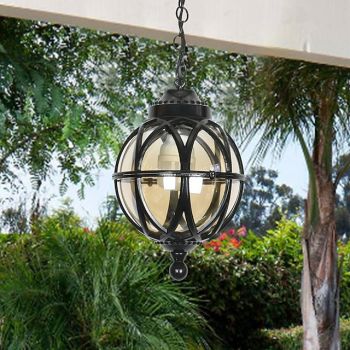 Outdoor Pendant Lights, Outside Hanging Lamp Waterproof Porch Black Metal Chandelier with Clear Glass Globe in Iron Cage Frame, Exterior Lantern for Entryway, Patio Interesting Life