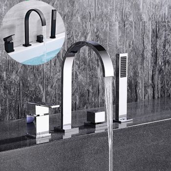 Bathtub Faucet Deck Mounted, Widespread Bathroom Faucet Bath Roman Tub Filler Mixer Tap Brass, 4 Hole 2 Handle Shower Sprayer with Cold Hot Water Hose Durable Bathtub Faucet