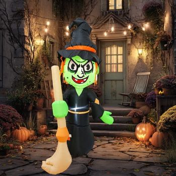 1 Pc 1.55M Halloween Broom Witch with Light Inflatable Air Model Indoor and Outdoor Courtyard Garden Lawn Party Halloween Festival Atmosphere Light EU/US/AU/UK Plug