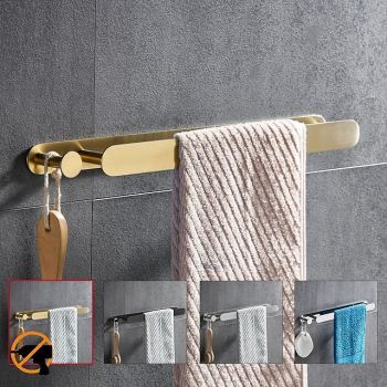 16“ Stainless Steel Towel Bar with Hook, SUS304, Self Adhesive Bath Towel Rack, Contemporary Style, Towel Holder, Rustproof, 4-Finish, Gold, Brushed, Black, Mirror Polished, Punch-free