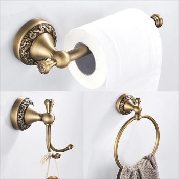 Golden Brushed Brass Towel Holder Bathroom Accessory Towel Ring/Toilet Paper Holder/Robe Hook Antique Brass Bathroom Single Rod Wall Mounted Carved Design