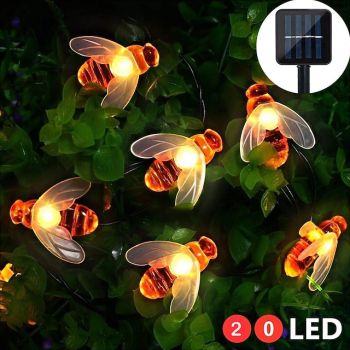 Outdoor Solar Bee String Lights, 20 LEDs Waterproof Garden Fairy Lights with 8 Modes, Solar-Powered LED Lights for Outdoor Terrace, Flowers, Trees & Party Decorations